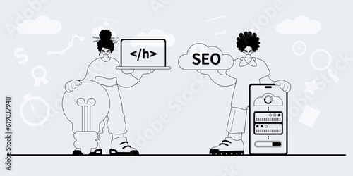 A team that specializes in SEO . trendy exemplar in a analogue manner. Trendy style, Vector Illustration