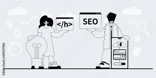 A team that specializes in SEO . trendy exemplar in a analogue manner. Trendy style, Vector Illustration
