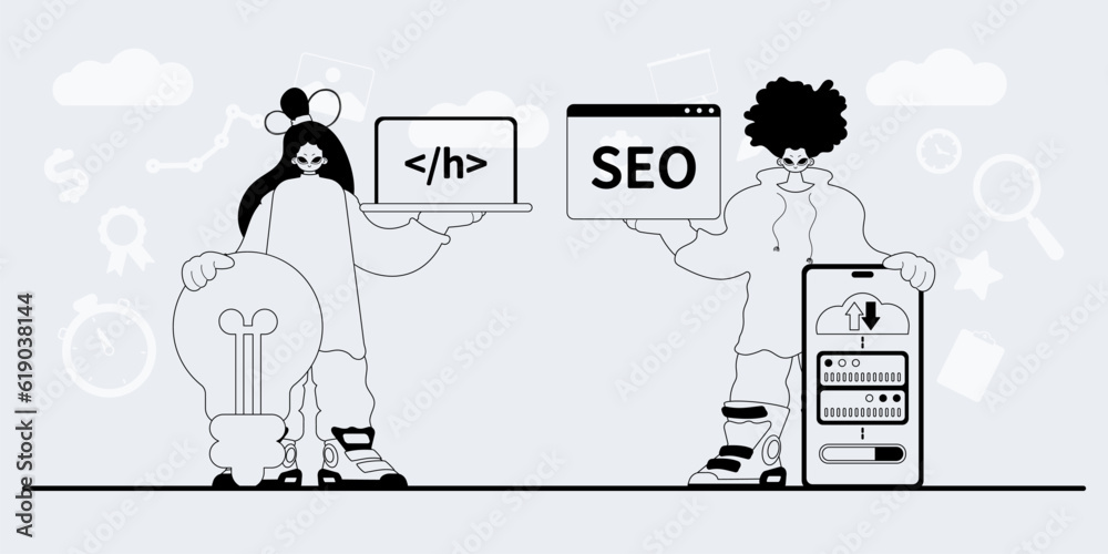A team that specializes in SEO . trendy exemplar in a analogue manner. Trendy style, Vector Illustration A team that specializes in SEO . trendy exemplar in a analogue manner. Trendy style, Vector Illustration
