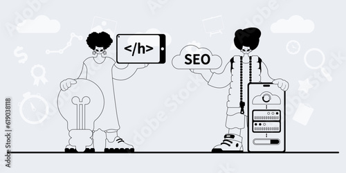 A team that specializes in SEO . trendy exemplar in a analogue manner. Trendy style, Vector Illustration