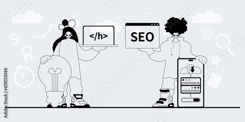 A team that specializes in SEO . trendy exemplar in a analogue manner. Trendy style, Vector Illustration