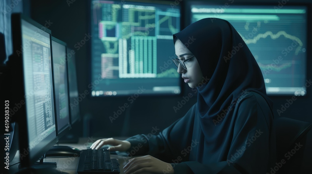 a hijab Muslim woman in front of a monitor screen, analyzing stock market movements a hijab Muslim woman in front of a monitor screen, analyzing stock market movements