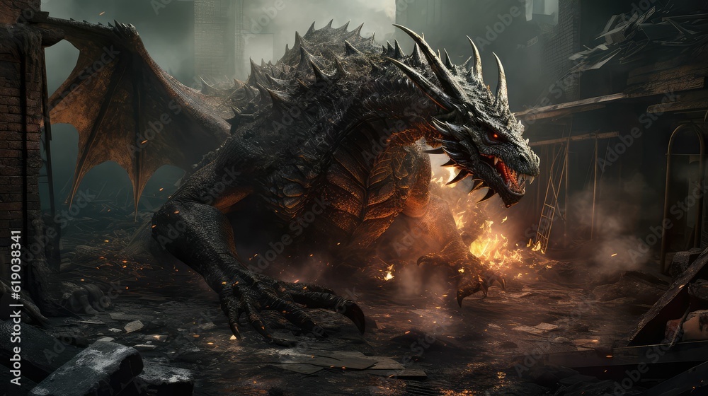 Fototapeta premium Head of Fantasy Dragon. Ferocious monster. Vicious dragon with a gaping maw. Beast showing its might