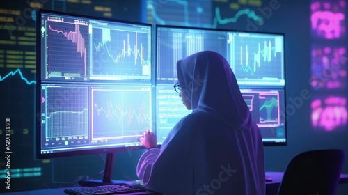 a hijab Muslim woman in front of a monitor screen, analyzing stock market movements