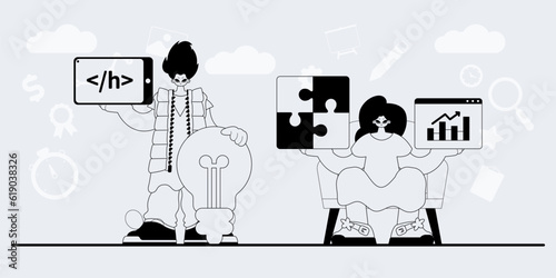 A team that specializes in SEO . trendy exemplar in a analogue manner. Trendy style, Vector Illustration