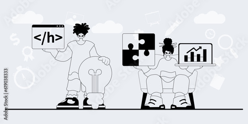 A team that specializes in SEO . trendy exemplar in a analogue manner. Trendy style, Vector Illustration