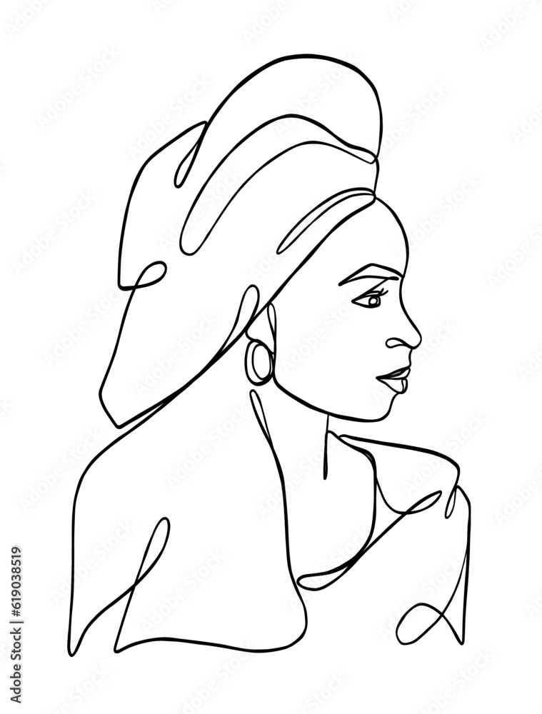 Continuous one line drawing of black woman with turban. Vector illustration. Continuous one line drawing of black woman with turban. Vector illustration.