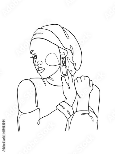 Continuous one line drawing of black woman with turban. Vector illustration.