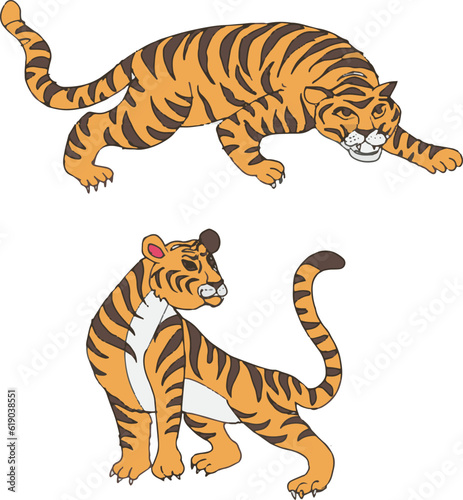 Fototapeta Naklejka Na Ścianę i Meble -  Set of adult big tiger wildlife and cartoon animal design flat vector illustration isolated on white background