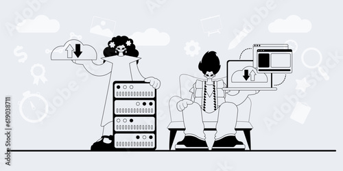 A team that specializes in SEO . trendy exemplar in a analogue manner. Trendy style, Vector Illustration