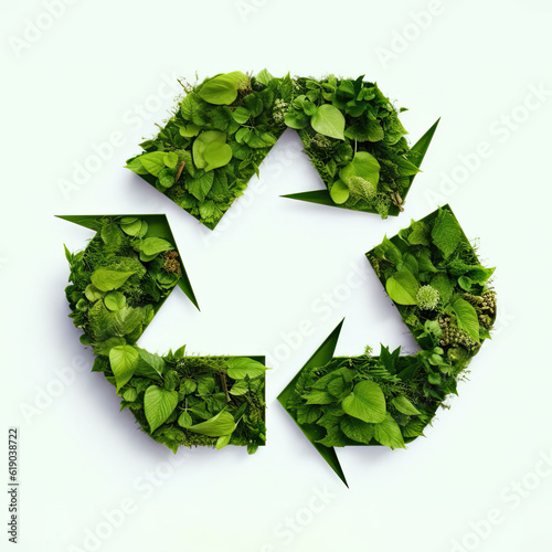Eco-friendly green recycle symbol crafted from natural leaves, nature's elements,  Sustainable design on a clean white backdrop. 