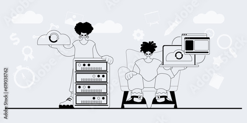 A team that specializes in SEO . trendy exemplar in a analogue manner. Trendy style, Vector Illustration