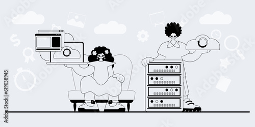 A team that specializes in SEO . trendy exemplar in a analogue manner. Trendy style, Vector Illustration