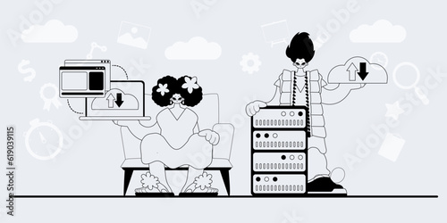 A team that specializes in SEO . trendy exemplar in a analogue manner. Trendy style, Vector Illustration