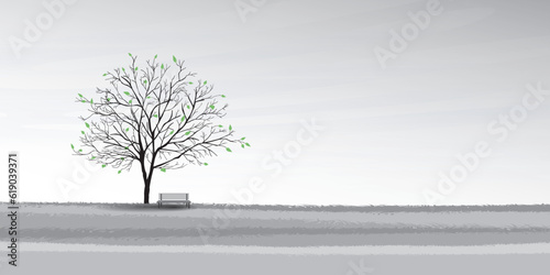 The big tree in springtime and bench with sky background black and white colors except green leaves flat design vector illustration. 