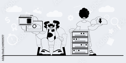 A team that specializes in SEO . trendy exemplar in a analogue manner. Trendy style, Vector Illustration