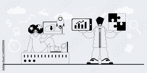 A team that specializes in SEO . trendy exemplar in a analogue manner. Trendy style, Vector Illustration