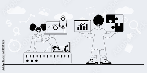 A team that specializes in SEO . trendy exemplar in a analogue manner. Trendy style, Vector Illustration