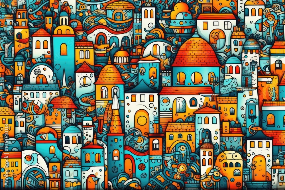 Obraz premium Kawaii doodle monsters, city, cat, robot for child coloring books, Generative AI