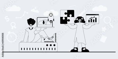 A team that specializes in SEO . trendy exemplar in a analogue manner. Trendy style, Vector Illustration