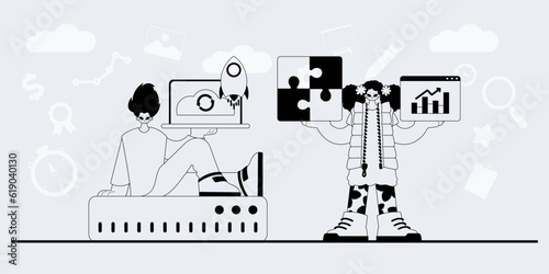 A team that specializes in SEO . trendy exemplar in a analogue manner. Trendy style, Vector Illustration