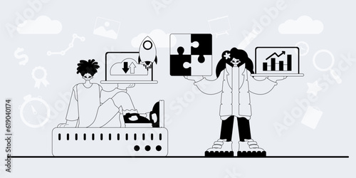 A team that specializes in SEO . trendy exemplar in a analogue manner. Trendy style, Vector Illustration