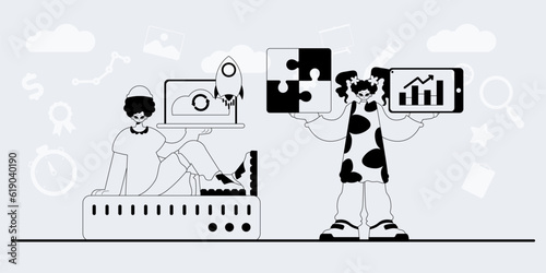 A team that specializes in SEO . trendy exemplar in a analogue manner. Trendy style, Vector Illustration