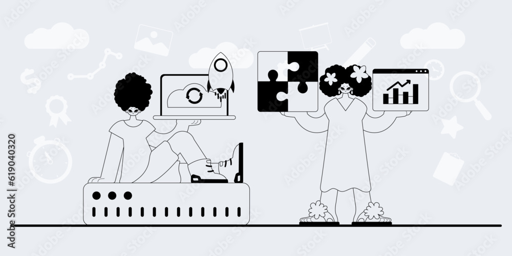 A team that specializes in SEO . trendy exemplar in a analogue manner. Trendy style, Vector Illustration A team that specializes in SEO . trendy exemplar in a analogue manner. Trendy style, Vector Illustration