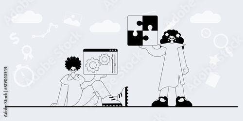 A team that specializes in SEO . trendy exemplar in a analogue manner. Trendy style, Vector Illustration