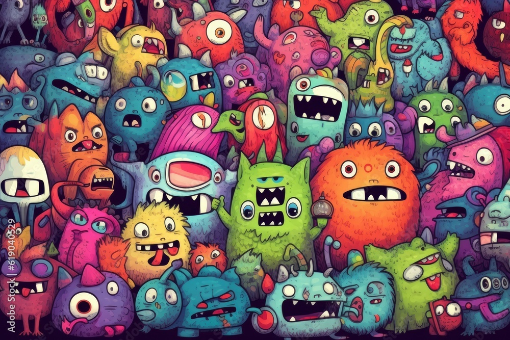 Kawaii doodle monsters, city, cat, robot for child coloring books, Generative AI Kawaii doodle monsters, city, cat, robot for child coloring books, Generative AI