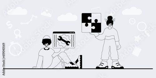 A team that specializes in SEO . trendy exemplar in a analogue manner. Trendy style, Vector Illustration