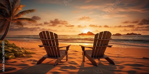 Sunrise Ocean View. Paradise Beach Chairs in the Serene Seascape. Generative AI illustration © Thares2020
