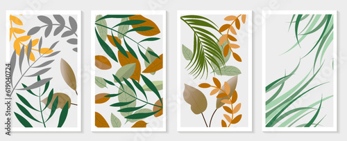 Botanical wall art vector set. Foliage line art drawing with abstract shape. Abstract Plant Art design for print, cover, wallpaper, Minimal and natural wall art. Vector illustration