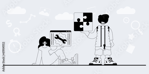 A team that specializes in SEO . trendy exemplar in a analogue manner. Trendy style, Vector Illustration
