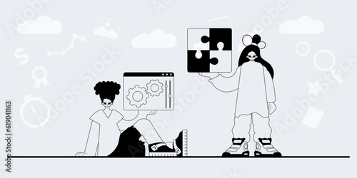 A team that specializes in SEO . trendy exemplar in a analogue manner. Trendy style, Vector Illustration
