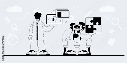 A team that specializes in SEO . trendy exemplar in a analogue manner. Trendy style, Vector Illustration