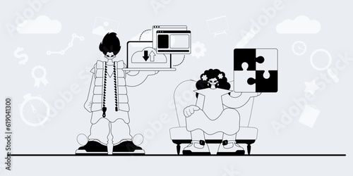 A team that specializes in SEO . trendy exemplar in a analogue manner. Trendy style, Vector Illustration