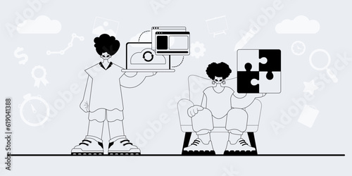 A team that specializes in SEO . trendy exemplar in a analogue manner. Trendy style, Vector Illustration