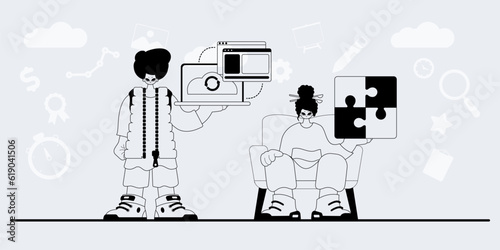 A team that specializes in SEO . trendy exemplar in a analogue manner. Trendy style, Vector Illustration