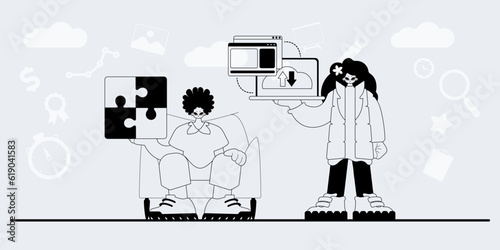 A team that specializes in SEO . trendy exemplar in a analogue manner. Trendy style, Vector Illustration