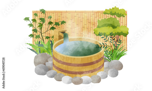 自然豊かな露天風呂のイラスト