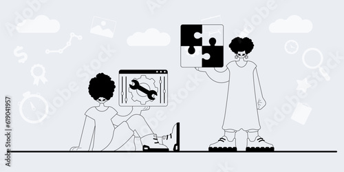 A team that specializes in SEO . trendy exemplar in a analogue manner. Trendy style, Vector Illustration
