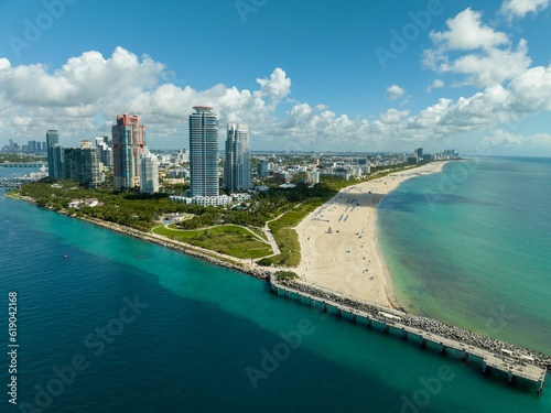 South Point Pier at Miami Beach FL, with the view of Miami Beach skyline and beach extension