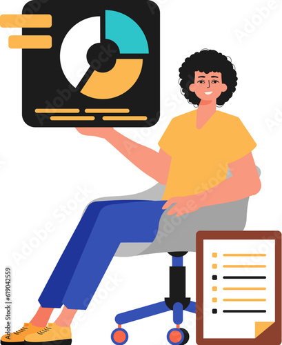 The guy sits in a chair and holds a chart with statistic. Trendy style, Vector Illustration