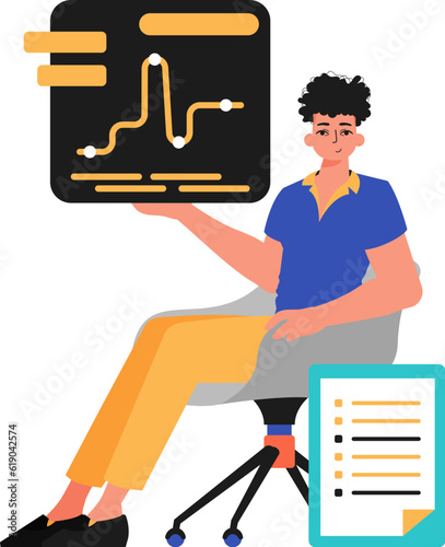 The guy sits in a chair and holds a chart with statistic. Trendy style, Vector Illustration