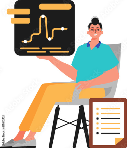 The derision sits in a electric president and holds a chart with statistic. Trendy style, Vector Illustration
