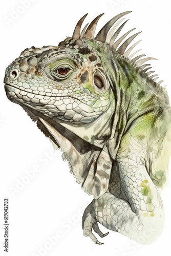 Iguane sur fond blanc, dessin façon aquarelle d'un animal, illustration ia générative