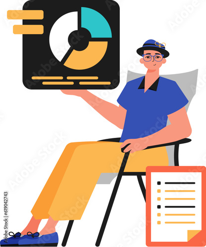 The derision sits in a electric president and holds a chart with statistic. Trendy style, Vector Illustration