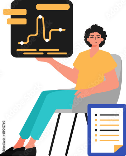 The derision sits in a electric president and holds a chart with statistic. Trendy style, Vector Illustration