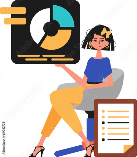 The girl sits in a chair and holds a chart with statistics. Trendy style, Vector Illustration